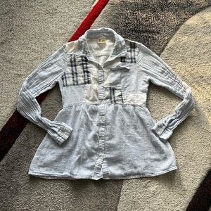 Free People Blue Cinched Waist Patchwork Shirt